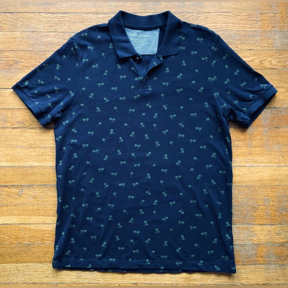 BANANA REPUBLIC Navy w/Palm Tree Organic Cotton Pique Polo sz L